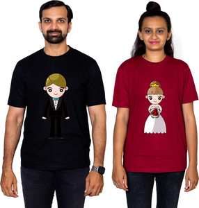 dhagla pack of 2 couple graphic print round neck pure cotton multicolor t-shirt