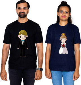 dhagla pack of 2 couple graphic print round neck pure cotton multicolor t-shirt