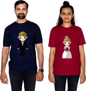 dhagla pack of 2 couple graphic print round neck pure cotton multicolor t-shirt