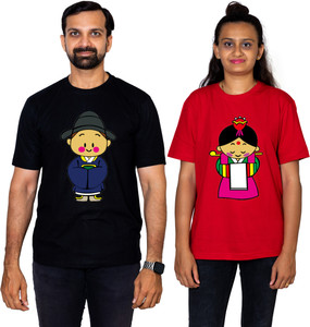 dhagla pack of 2 couple graphic print round neck pure cotton multicolor t-shirt