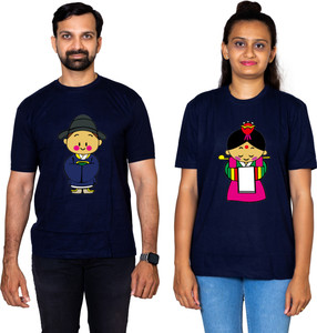 dhagla pack of 2 couple graphic print round neck pure cotton multicolor t-shirt