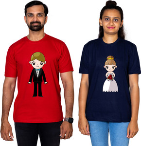 dhagla pack of 2 couple graphic print round neck pure cotton multicolor t-shirt