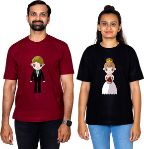 dhagla pack of 2 couple graphic print round neck pure cotton multicolor t-shirt