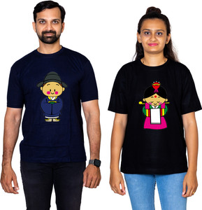 dhagla pack of 2 couple graphic print round neck pure cotton multicolor t-shirt