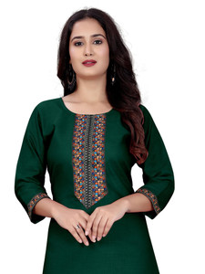 dhanshree tex embroidered geometric print solid cotton blend straight kurta for women dark green