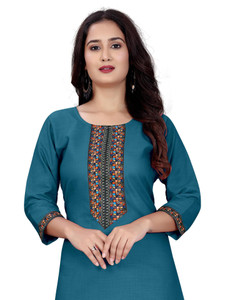 dhanshree tex embroidered geometric print solid cotton blend straight kurta for women blue
