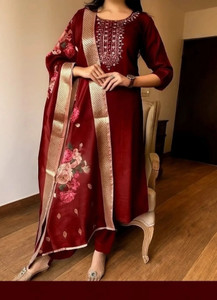 DharaCretionn Embroidered Kurta Churidar Dupatta Set