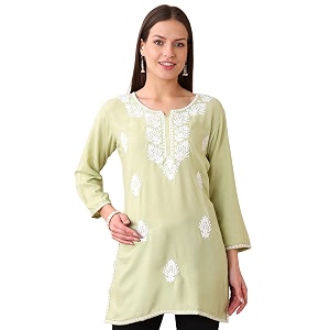 Womens Rayon Chikankari Embroidered Short Kurti
