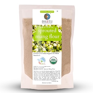 dhatu organics sprouted moong flour 500g  certified organic  ready to mix for dosachilla  100 cold milled using german technology  low g-i  gluten-free  high protein amp fiber