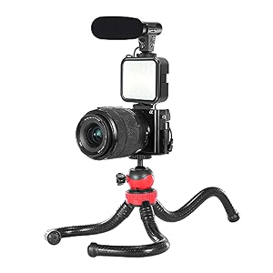 04lm 5 in 1 vlogging kit for youtube live streaming amp mic filmmaker mini tripod with shotgun video microphone led light remote control compatible with all smartphones