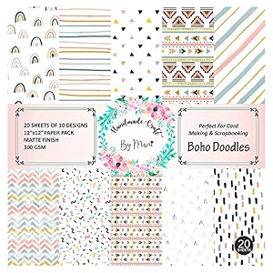 dheett scrapbooking paperpack 12 inches 20 decorative craft scrapbook paper designer sheets 300 gsm matte finish perfect for making greeting cards envelops explosion boxes and albums - boho doodles