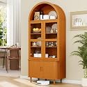 DHH 71" Tall Arched Kitchen Pantry, Modern Farmhouse Wood Kitchens Storage Cabinets with Sliding Doors＆ Adjustable Shelves, Versatile Cupboard for Kitchen, Living Dining Room, Bathroom (Yellow Walnut)