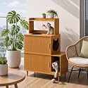 DHH Double Cat Litter Box Enclosure Furniture for 2 Cats,Large Litter Box Hidden Furniture with Scratching Pad and Sliding Door,2 in 1 Pet Modern Cabinet with 2 Dangling Plush Balls(Yellow Oak)