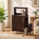 DHH Double Cat Litter Box Enclosure Furniture for 2 Cats,Large Litter Box Hidden Furniture with Scratching Pad and Sliding Door,2 in 1 Pet Modern Cabinet with 2 Dangling Plush Balls(Walnut)