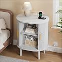 DHH Mid Century Modern Nightstand with Charging Station, Fluted Accent Side Table with Sliding Door &amp; Adjustable Shelf, End Table for Small Space, Living Room, Bedroom,Sofa Couch(1, White)