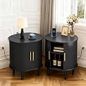 DHH Mid Century Modern Nightstand Set of 2 with Charging Station, Fluted Accent Side Table with Sliding Door &amp; Adjustable Shelf, End Table for Small Space, Living Room, Bedroom,Sofa Couch, Black