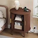 DHH Mid Century Modern Nightstand with Charging Station, Fluted Accent Side Table with Sliding Door &amp; Adjustable Shelf, End Table for Small Space, Living Room, Bedroom,Sofa Couch (1, Walnut)