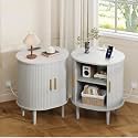 DHH Mid Century Modern Nightstand Set of 2 with Charging Station, Fluted Accent Side Table with Sliding Door &amp; Adjustable Shelf, End Table for Small Space, Living Room, Bedroom,Sofa Couch, White