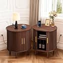 DHH Mid Century Modern Nightstand Set of 2 with Charging Station, Fluted Accent Side Table with Sliding Door &amp; Adjustable Shelf, End Table for Small Space, Living Room, Bedroom,Sofa Couch(2, Walnut)