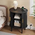 DHH Mid Century Modern Nightstand with Charging Station, Fluted Accent Side Table with Sliding Door &amp; Adjustable Shelf, End Table for Small Space, Living Room, Bedroom,Sofa Couch (1, Black)