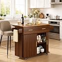 DHH Rolling Kitchen Island with Drop Leaf Countertop&Ample Storage - 39.4" Small Mobile Kitchen Cart On Wheels with Sliding Door,Drawers,Spice Rack & 2-Tier Storage (Walnut)