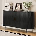 DHH Sideboard Buffet Cabinet with Storage,Mid Century Modern Fluted Accent Coffee Bar Console Table,Tambour Sliding Doors& Adjustable Shelf for Kitchen, Living Room, Entryway(Black, 55 Inch)