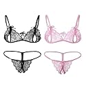 Women Baby Doll Bra Panty Dress Nightwear, Designer Lace Transparent Net Western Dress Sexy wear for Nights(1 Set) (Free Size, Black+Baby Pink)