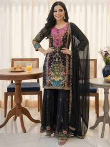 dhvijadressmaker Embroidered Kurta Sharara Dupatta Set