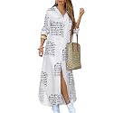 DIACACY Women's Casual Lapel Collar Floral Print Maxi Dresses Side Slit Long Sleeves Loose Slim Shirt Dresses