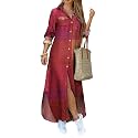 DIACACY Women's Casual Lapel Collar Floral Print Maxi Dresses Side Slit Long Sleeves Loose Slim Shirt Dresses