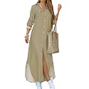 DIACACY Women's Casual Lapel Collar Floral Print Maxi Dresses Side Slit Long Sleeves Loose Slim Shirt Dresses