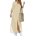 DIACACY Women's Casual Lapel Collar Floral Print Maxi Dresses Side Slit Long Sleeves Loose Slim Shirt Dresses