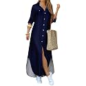 DIACACY Women's Casual Lapel Collar Floral Print Maxi Dresses Side Slit Long Sleeves Loose Slim Shirt Dresses