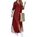 DIACACY Women's Casual Lapel Collar Floral Print Maxi Dresses Side Slit Long Sleeves Loose Slim Shirt Dresses