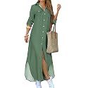 DIACACY Women's Casual Lapel Collar Floral Print Maxi Dresses Side Slit Long Sleeves Loose Slim Shirt Dresses