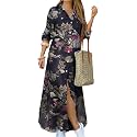 DIACACY Women's Casual Lapel Collar Floral Print Maxi Dresses Side Slit Long Sleeves Loose Slim Shirt Dresses