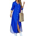 DIACACY Women's Casual Lapel Collar Floral Print Maxi Dresses Side Slit Long Sleeves Loose Slim Shirt Dresses