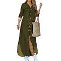 DIACACY Women's Casual Lapel Collar Floral Print Maxi Dresses Side Slit Long Sleeves Loose Slim Shirt Dresses