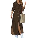 DIACACY Women's Casual Lapel Collar Floral Print Maxi Dresses Side Slit Long Sleeves Loose Slim Shirt Dresses
