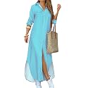 DIACACY Women's Casual Lapel Collar Floral Print Maxi Dresses Side Slit Long Sleeves Loose Slim Shirt Dresses
