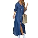 DIACACY Women's Casual Lapel Collar Floral Print Maxi Dresses Side Slit Long Sleeves Loose Slim Shirt Dresses