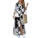 DIACACY Women's Casual Lapel Collar Floral Print Maxi Dresses Side Slit Long Sleeves Loose Slim Shirt Dresses
