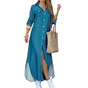 DIACACY Women's Casual Lapel Collar Floral Print Maxi Dresses Side Slit Long Sleeves Loose Slim Shirt Dresses