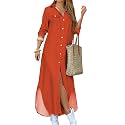 DIACACY Women's Casual Lapel Collar Floral Print Maxi Dresses Side Slit Long Sleeves Loose Slim Shirt Dresses