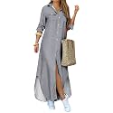DIACACY Women's Casual Lapel Collar Floral Print Maxi Dresses Side Slit Long Sleeves Loose Slim Shirt Dresses