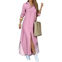 DIACACY Women's Casual Lapel Collar Floral Print Maxi Dresses Side Slit Long Sleeves Loose Slim Shirt Dresses