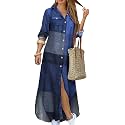 DIACACY Women's Casual Lapel Collar Floral Print Maxi Dresses Side Slit Long Sleeves Loose Slim Shirt Dresses