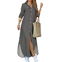 DIACACY Women's Casual Lapel Collar Floral Print Maxi Dresses Side Slit Long Sleeves Loose Slim Shirt Dresses