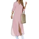 DIACACY Women's Casual Lapel Collar Floral Print Maxi Dresses Side Slit Long Sleeves Loose Slim Shirt Dresses