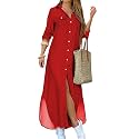 DIACACY Women's Casual Lapel Collar Floral Print Maxi Dresses Side Slit Long Sleeves Loose Slim Shirt Dresses